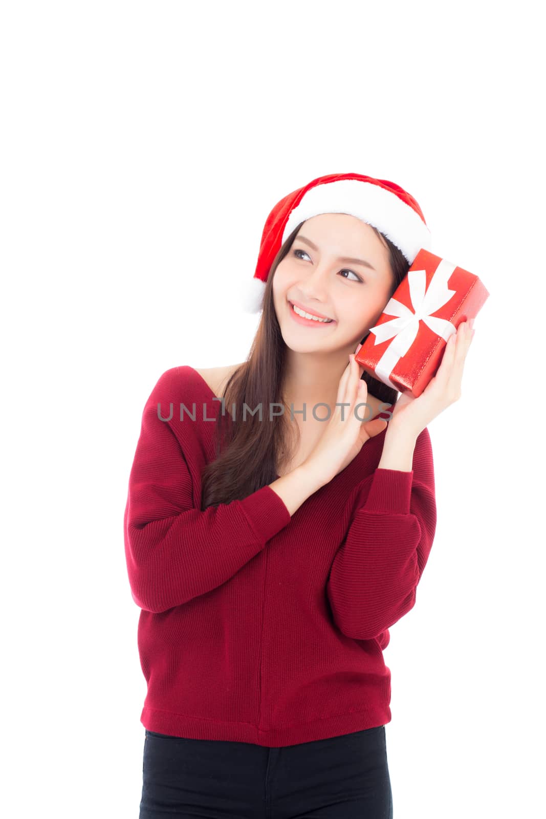 Happy asian woman with smile holding gift box of xmas, Present girl with celebration christmas a holiday, girl with buyer isolated on white background, shopping with season concept.