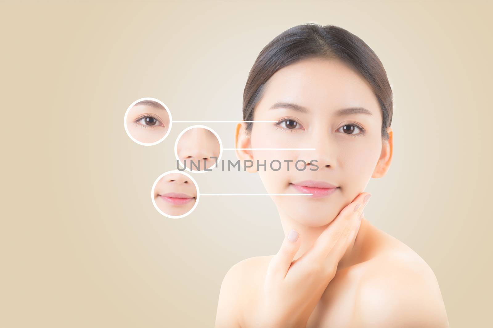 Beautiful girl with makeup, beautiful asian young woman face with eye, mouth and nose over circles for advertising on yellow background.