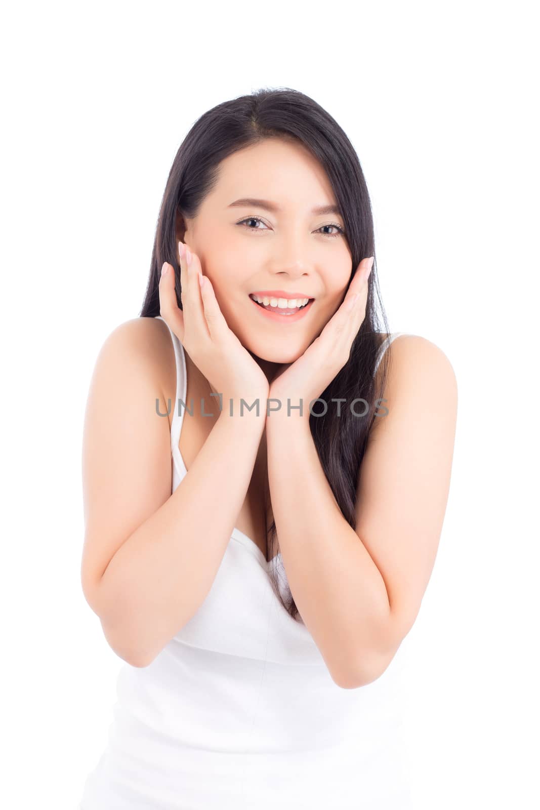 Portrait of beautiful asian woman makeup of cosmetic, girl hand touch cheek and smile attractive, face of beauty perfect with wellness isolated on white background with skin healthcare concept.