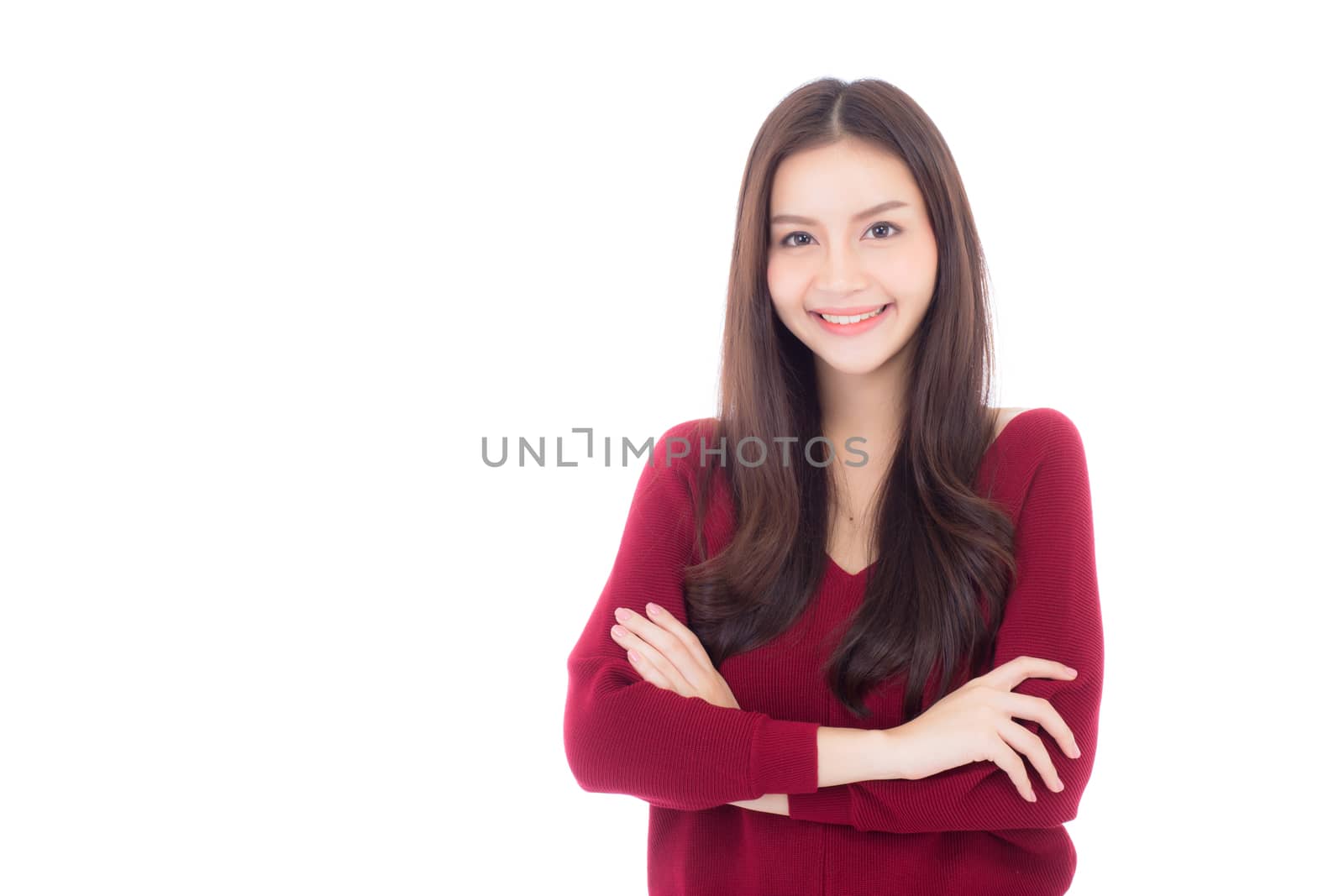 Portrait of beautiful asian woman makeup of cosmetic, beauty of girl with face smile attractive isolated on white background, perfect with wellness and healthcare concept.