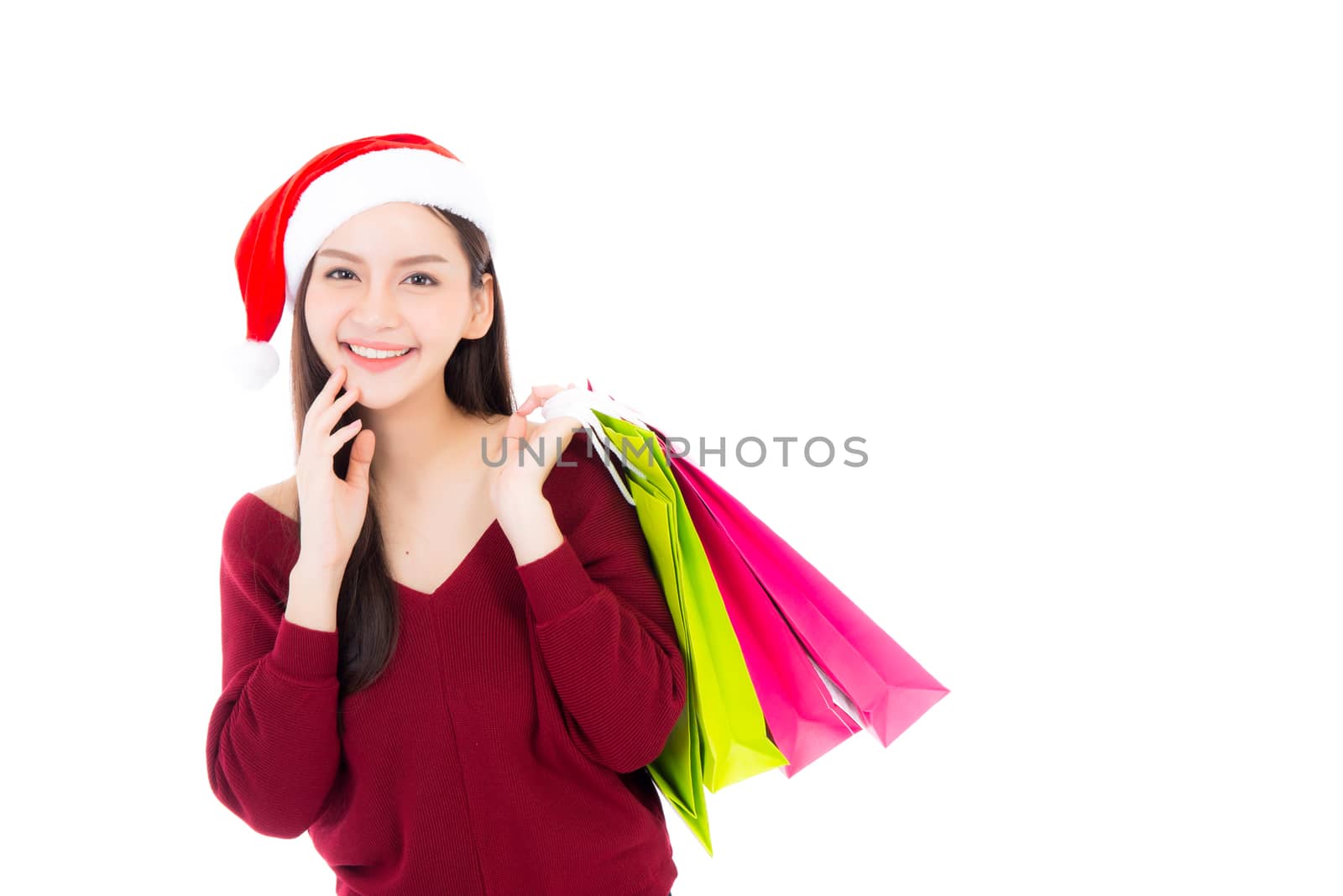 Happy fashion asian woman with smile holding shopping paper bag, Sale and christmas with holiday, girl with buyer enjoy and excited isolated on white background.