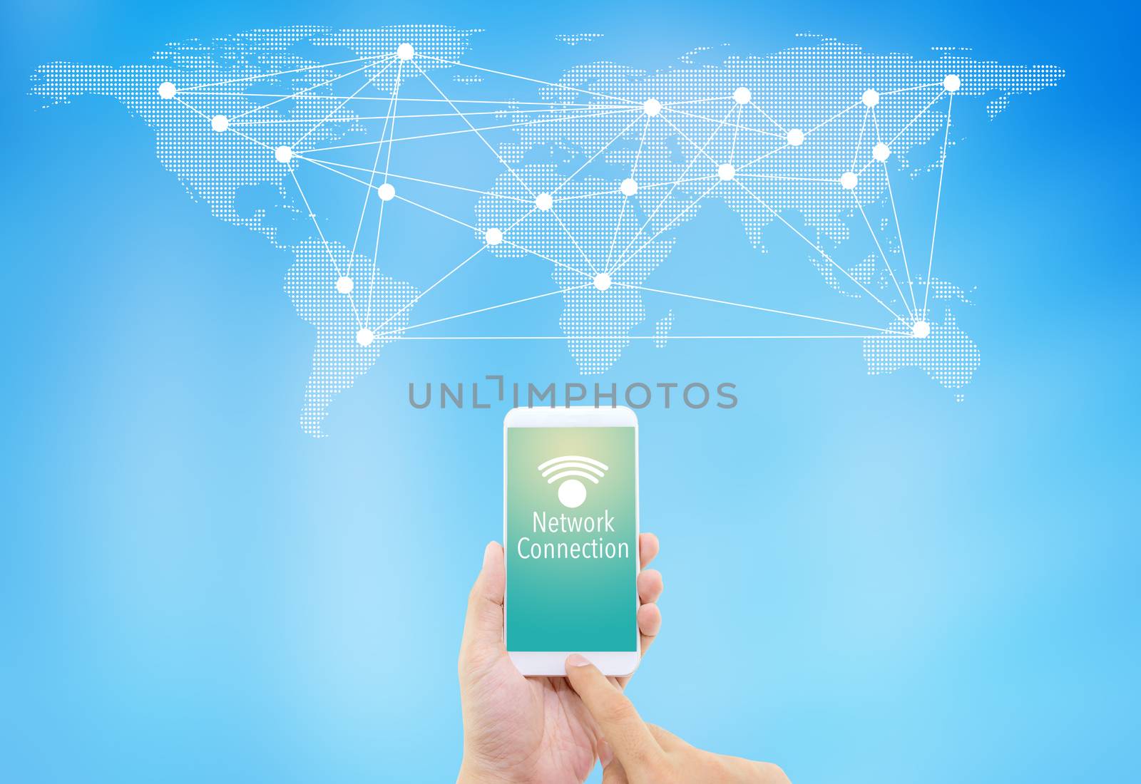 Man hand holding mobile smart phone with world social media network connection, business with global world map, Elements of this image furnished by NASA.