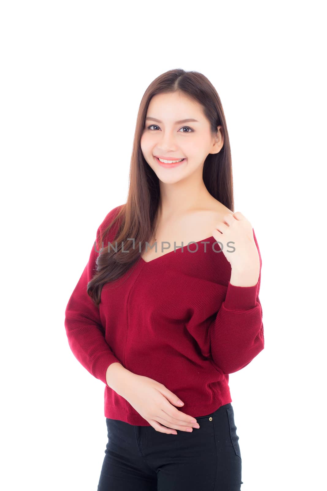 Portrait of beautiful asian woman makeup of cosmetic, beauty of girl with face smile attractive isolated on white background, perfect with wellness and healthcare concept.