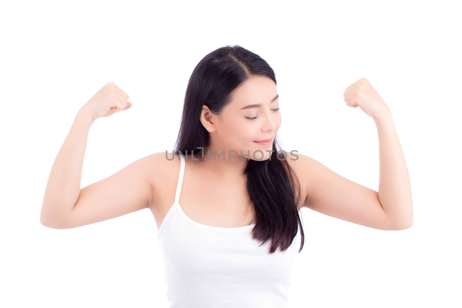 Portrait of beautiful asian woman power strong and strength, beauty of girl with wellness and smile isolated on white background, healthcare concept.