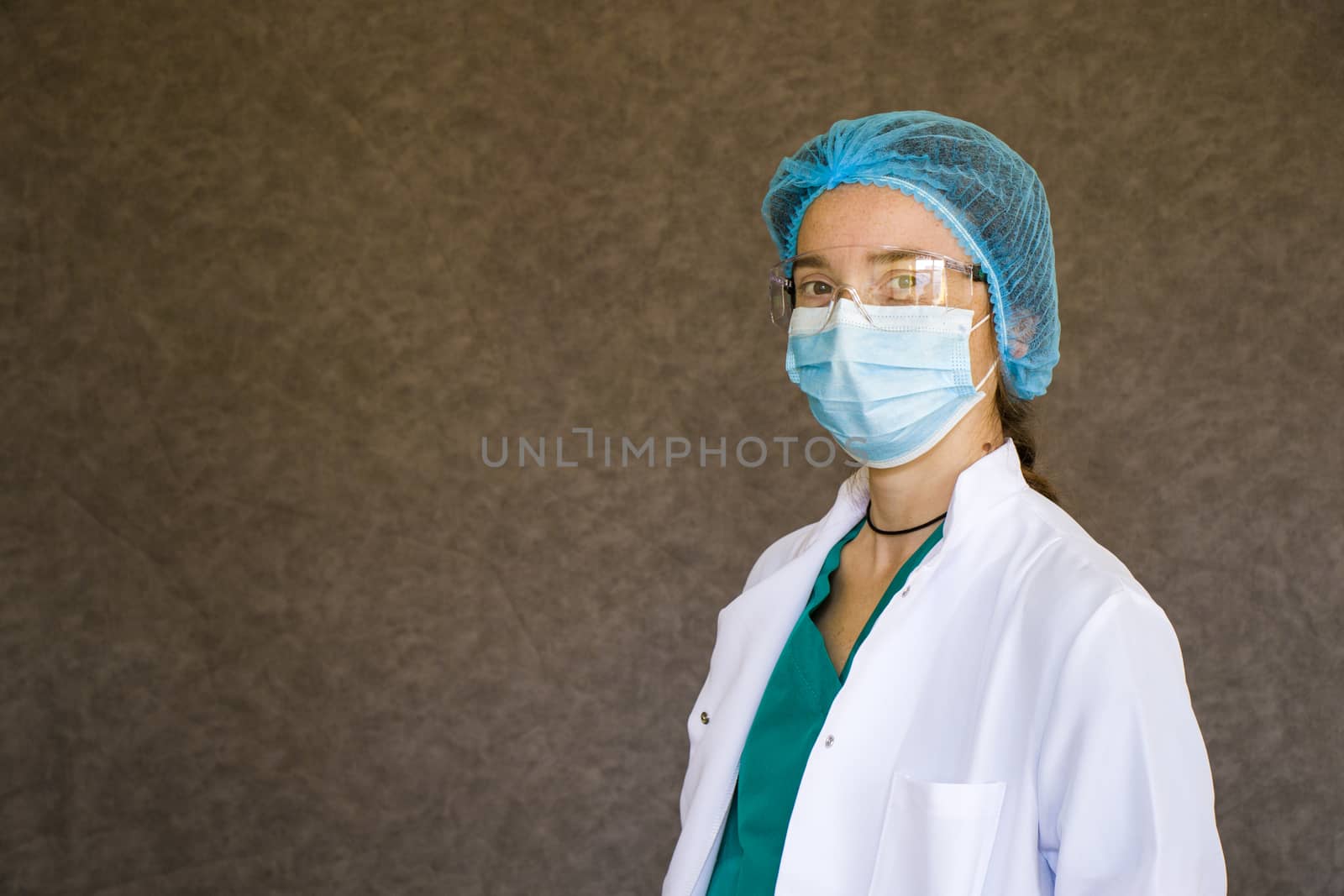 Woman doctors portrait, doctors with mask, glasses, glove and uniform. Uniform for surgery and pandemic.