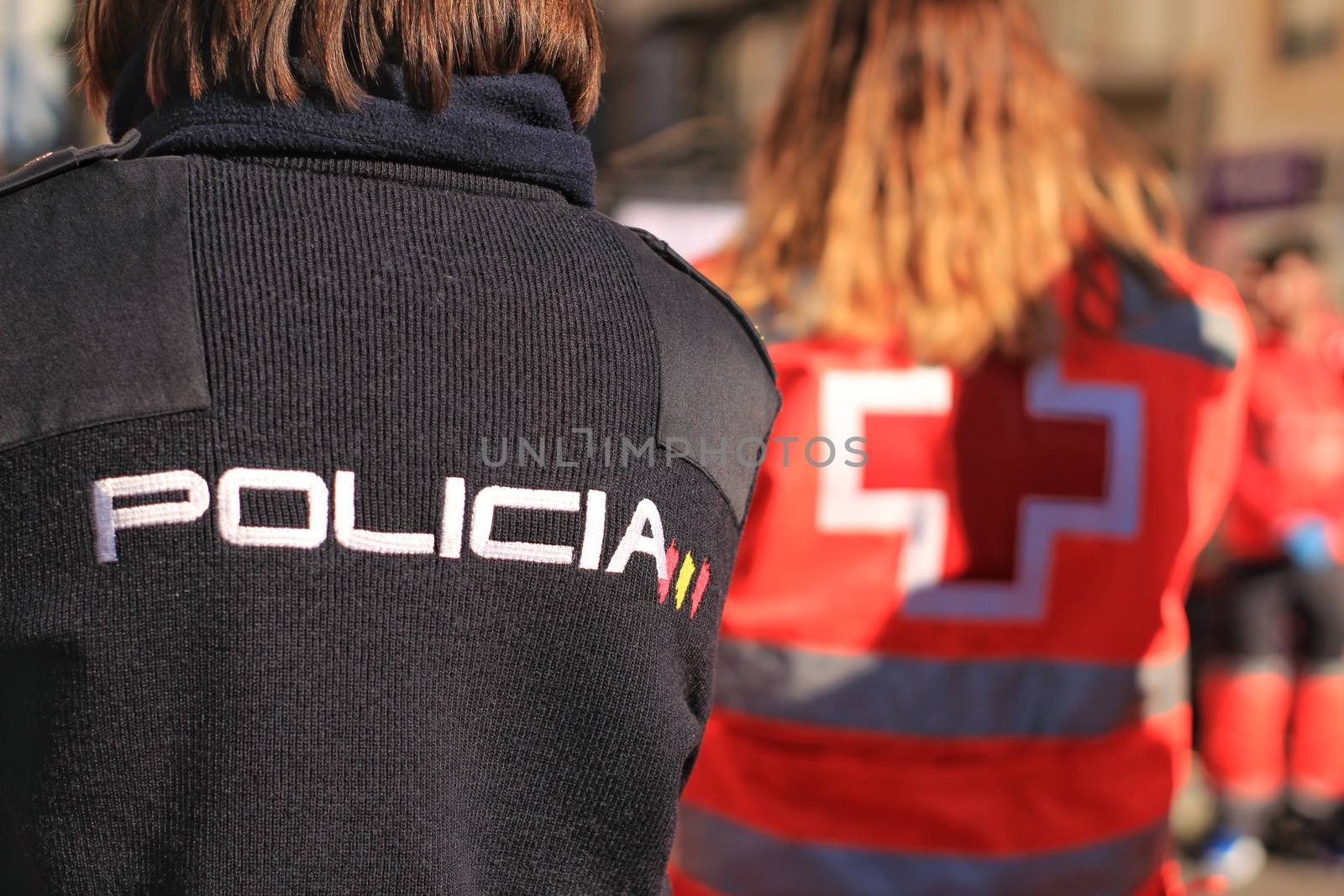 Santa Pola, Spain- January 21, 2018: Safety and health support in the Half Marathon of the fishing village of Santa Pola, province of Alicante, on a sunny day in January