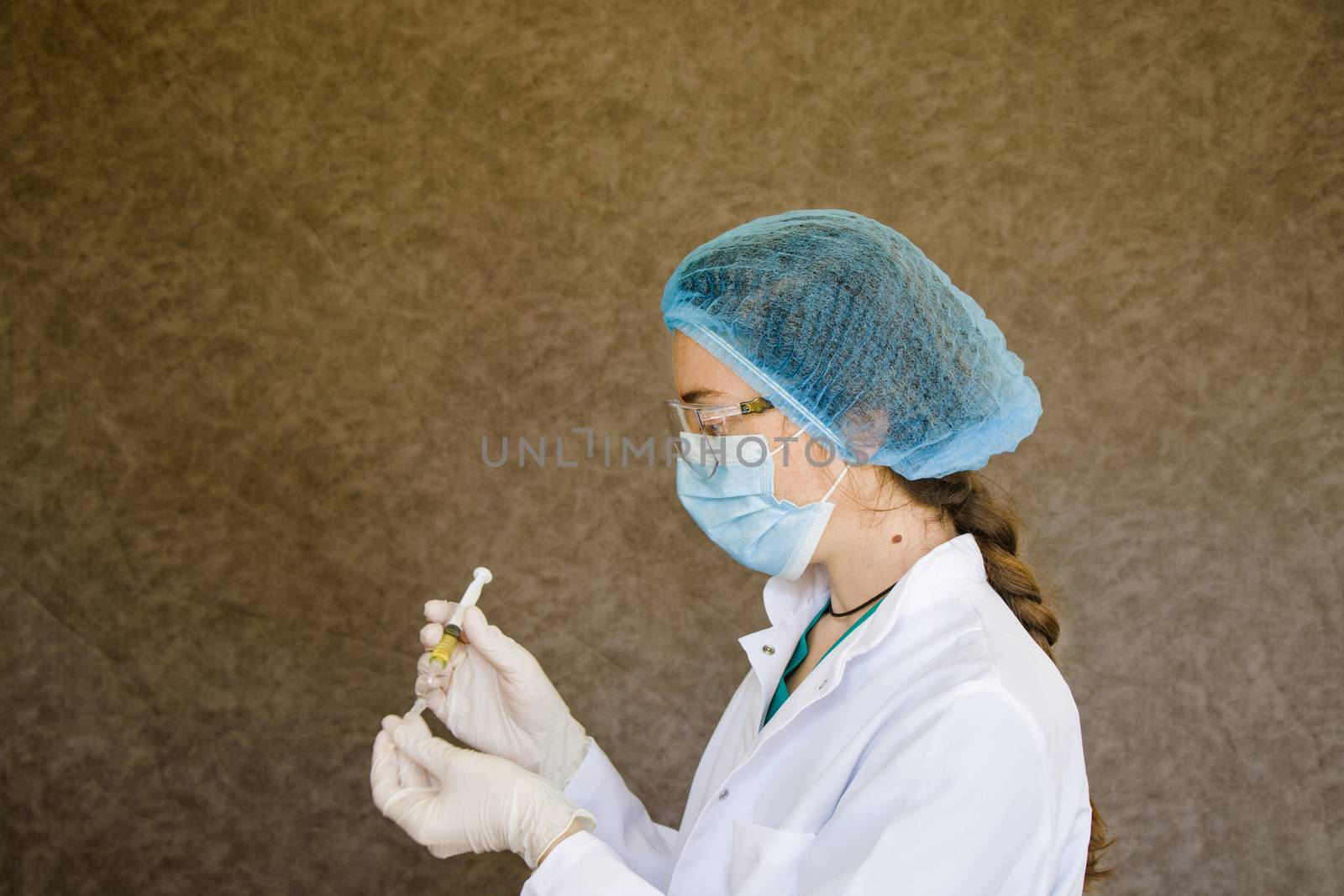 Doctors and needle, vaccination, antibiotic and immunization. Woman in uniform and needle with hand.