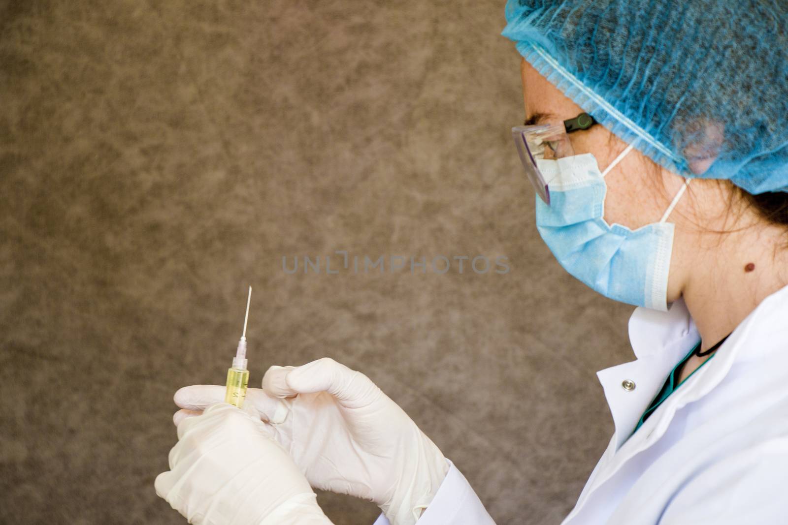 Doctors and needle, vaccination, antibiotic and immunization. Woman in uniform and needle with hand.