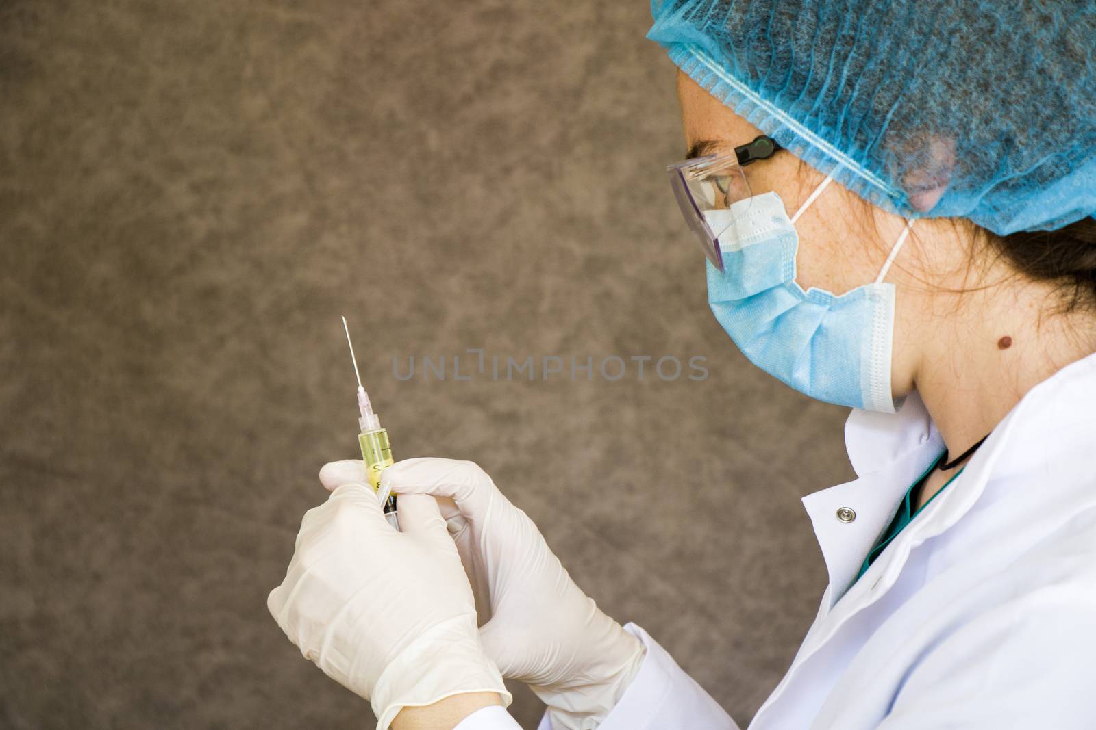 Doctors and needle, vaccination, antibiotic and immunization. Woman in uniform and needle with hand.