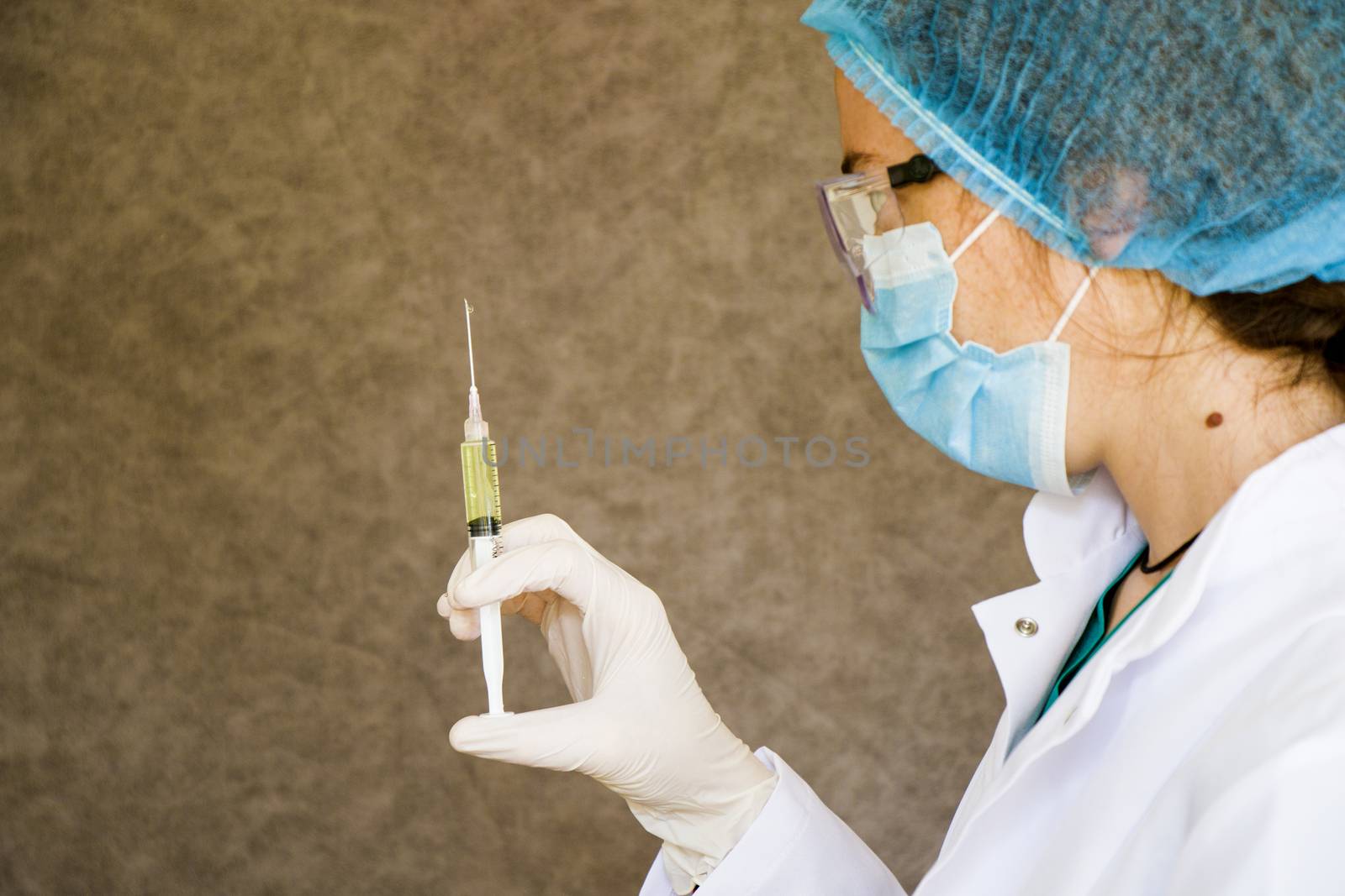 Doctors and needle, vaccination, antibiotic and immunization. Woman in uniform and needle with hand.