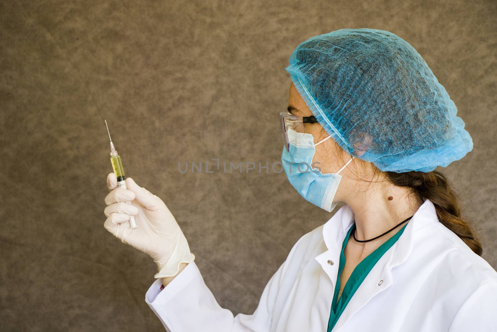 Doctors and needle, vaccination, antibiotic and immunization. Woman in uniform and needle with hand.