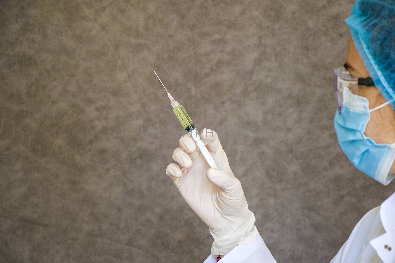 Doctors and needle, vaccination, antibiotic and immunization. Woman in uniform and needle with hand.