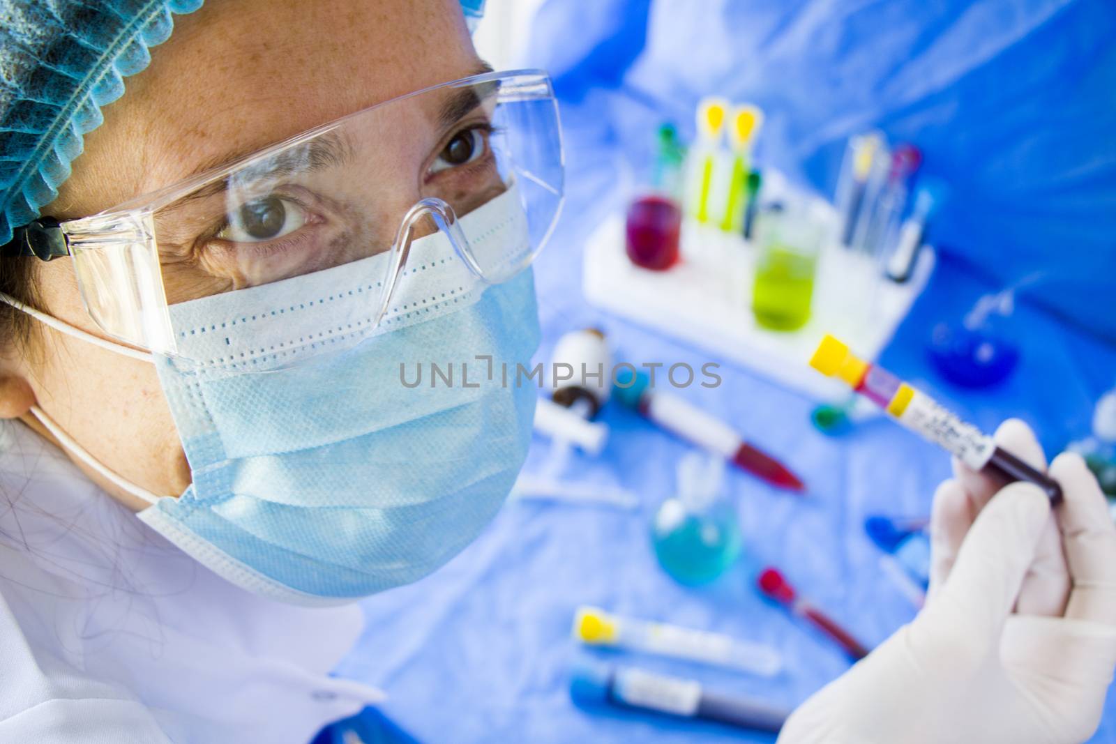 Corona virus negative test samples. Diagnosis and laboratory. Doctors head and hand with glove. Studio shoot, white background.