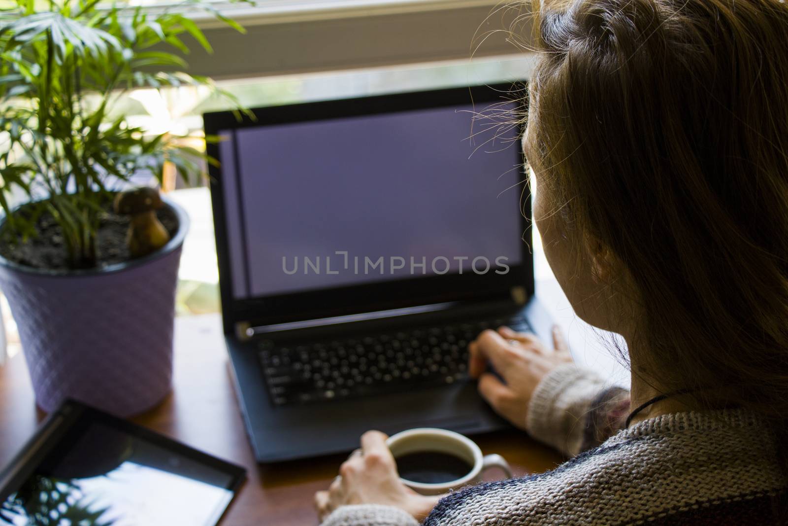 Woman working in office with digital tablet and notebook, writing and typing on the device