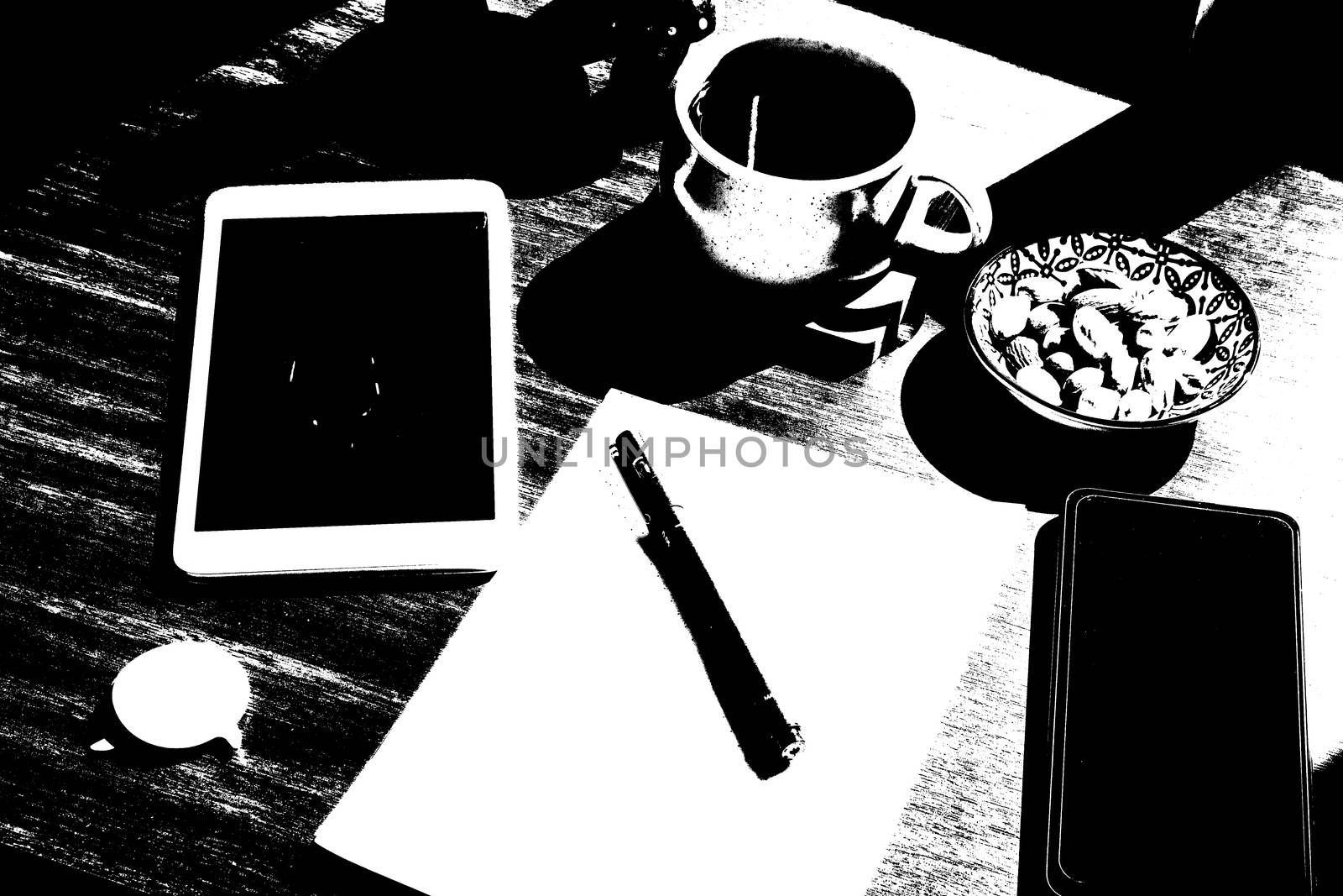 Working from home, workspace with notebook and laptop, coffee and plants, workplace. Paper and pen.