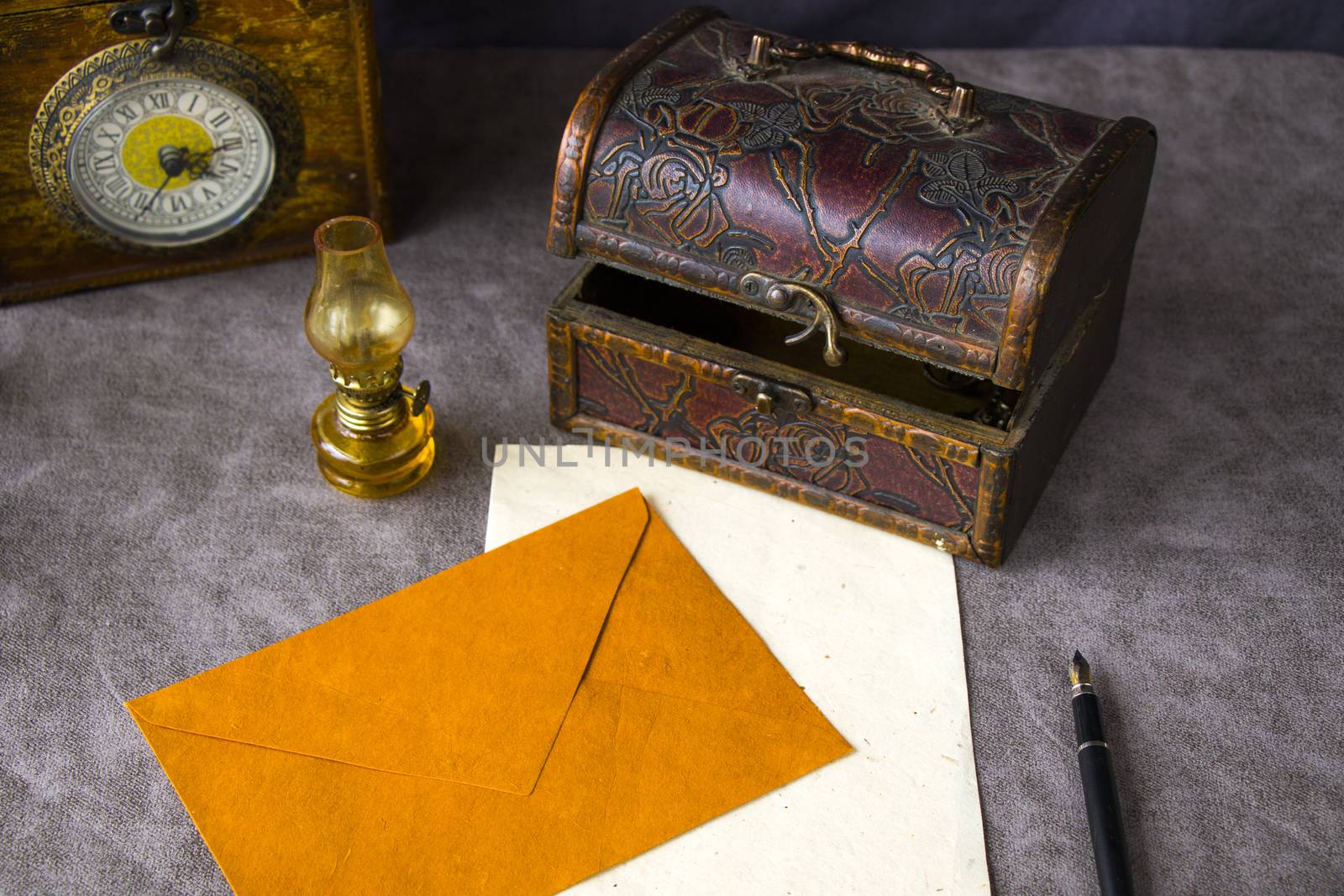 Vintage objects on the table, old box