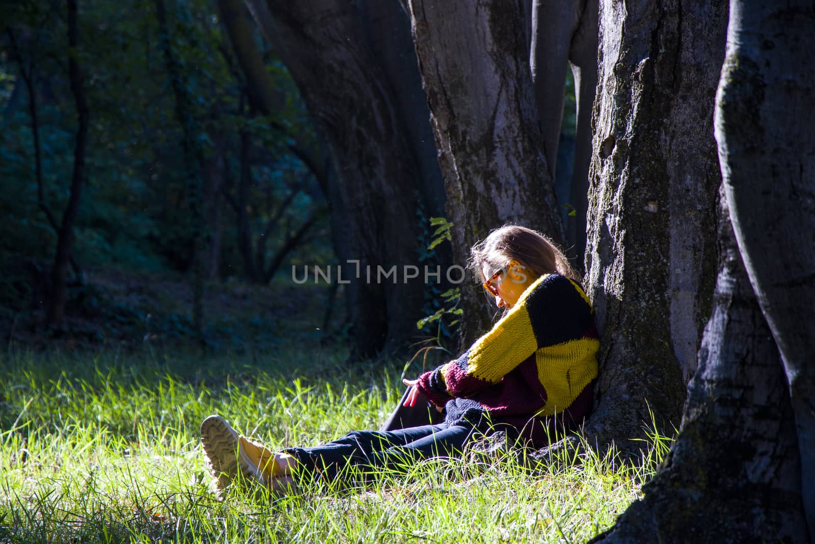 Woman in the botanic garden and park, trees and casual young girl portrait in garden