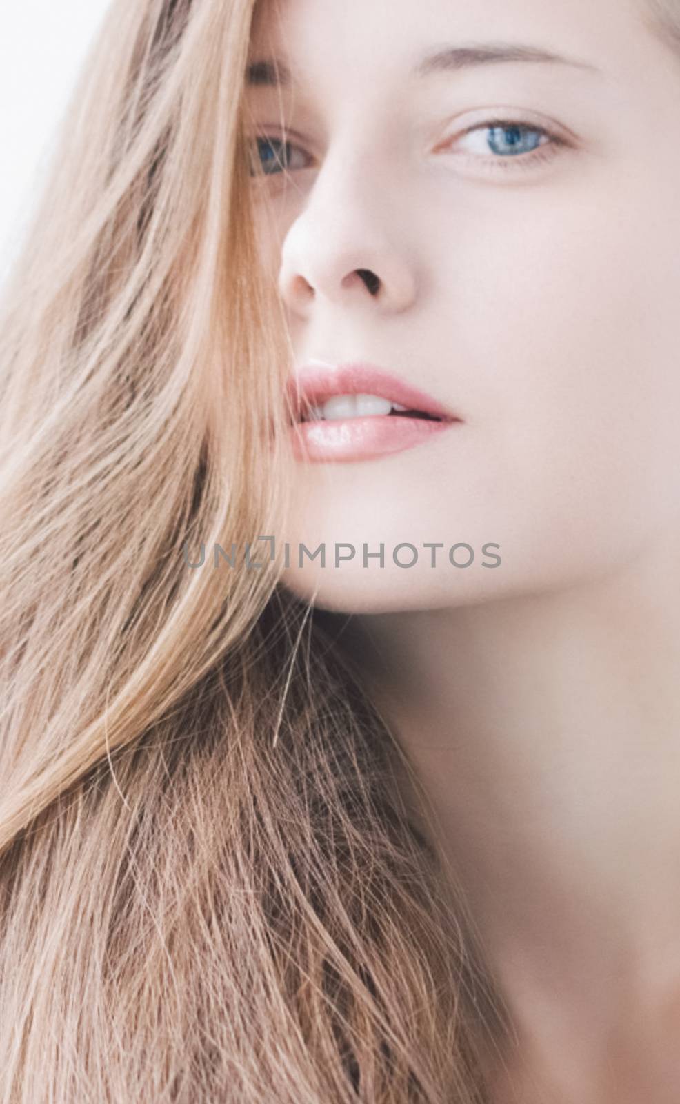 Beauty face portrait of a young woman, natural makeup look, skincare and hair care brand