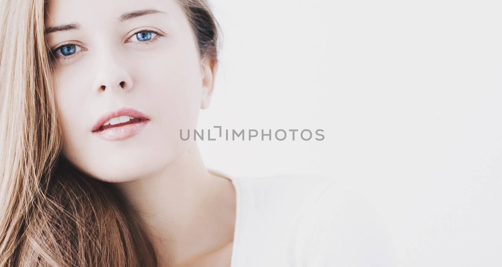 Beauty face portrait of a young woman, natural makeup look, skin by Anneleven