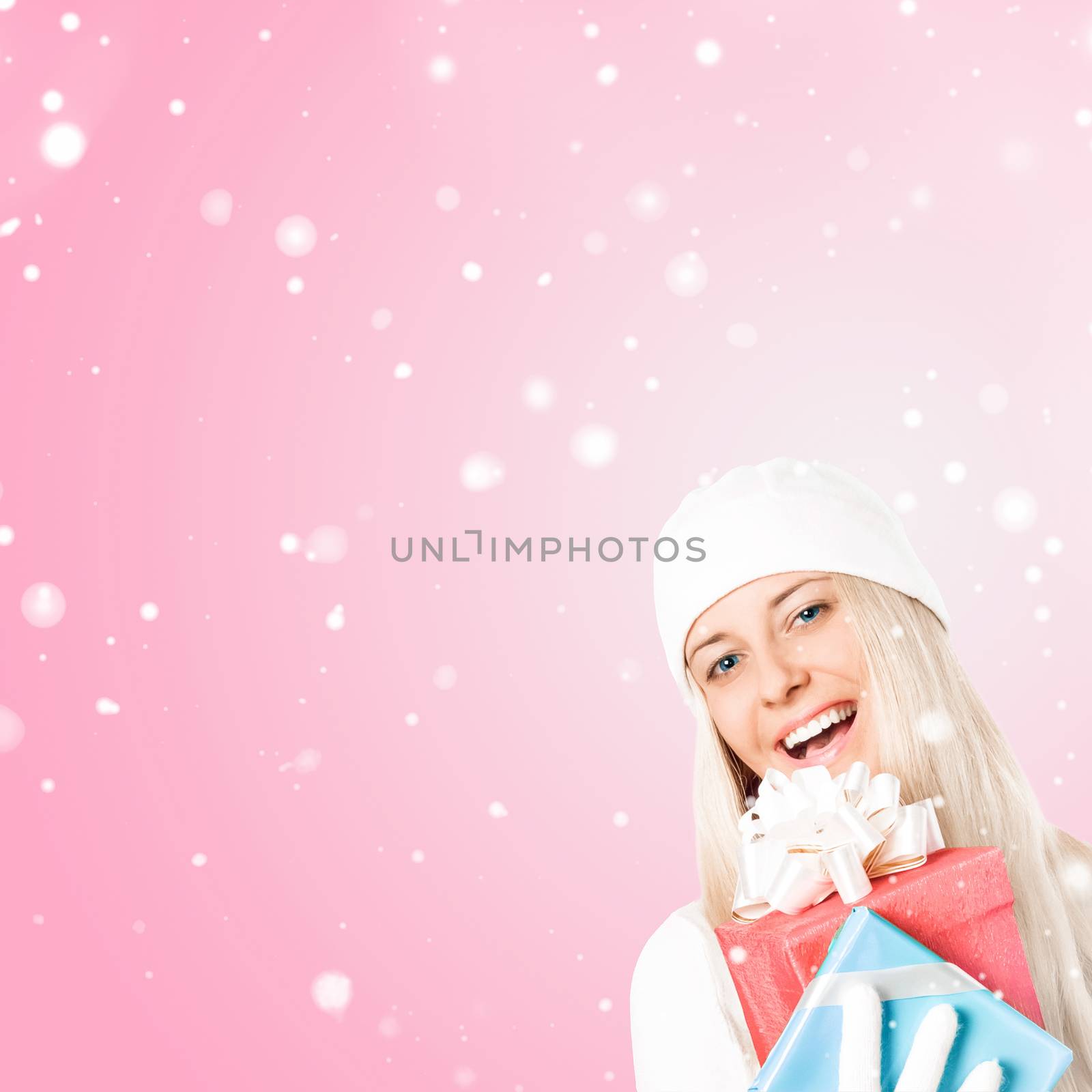 Happy woman holding Christmas gifts, pink background and snow gl by Anneleven