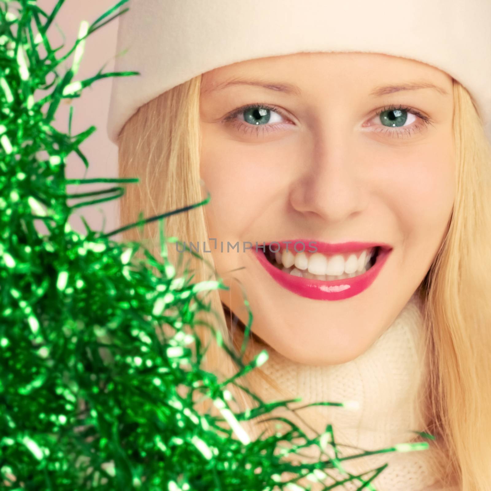 Happy blonde girl in Christmas time, woman with positive emotion by Anneleven