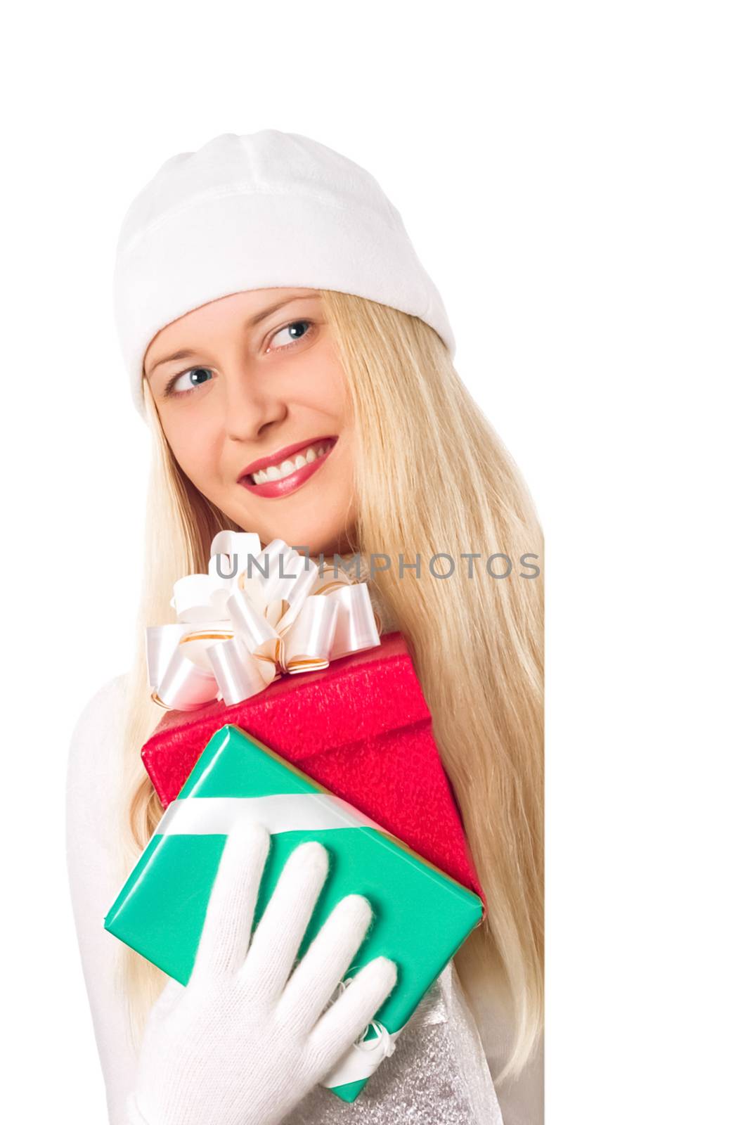 Happy woman holding Christmas gifts, white background with copys by Anneleven