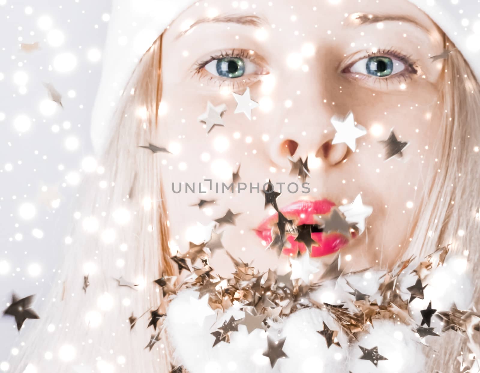 Magical Christmas and glitter snow background, blonde woman with positive emotion in winter season for shopping sale and holiday brands