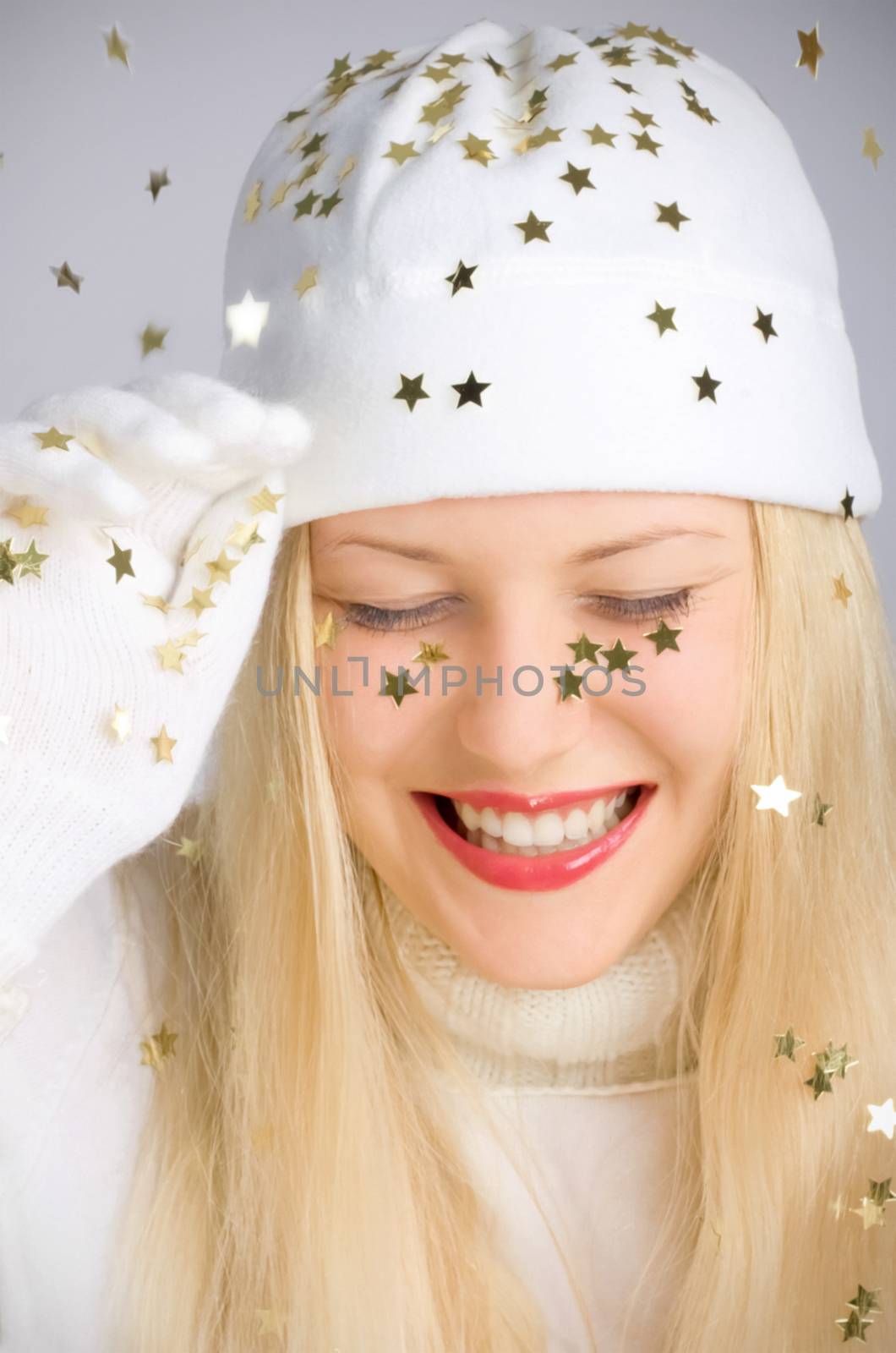 Young blonde girl in Christmas time, woman with positive emotion in winter season for shopping sale and holiday brands