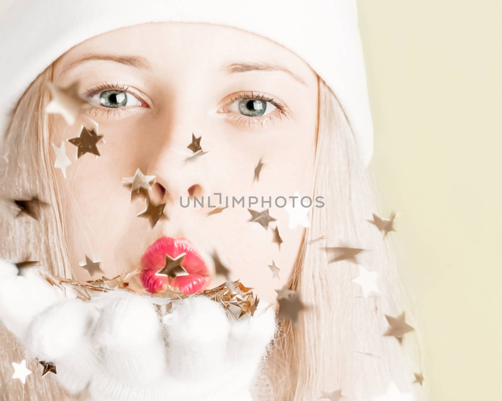 Cheerful blonde girl in Christmas time, woman with positive emot by Anneleven