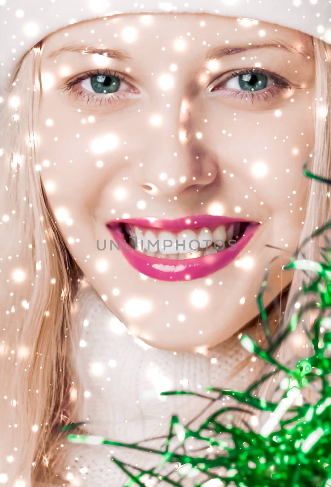 Magical Christmas and glitter snow background, blonde woman with by Anneleven