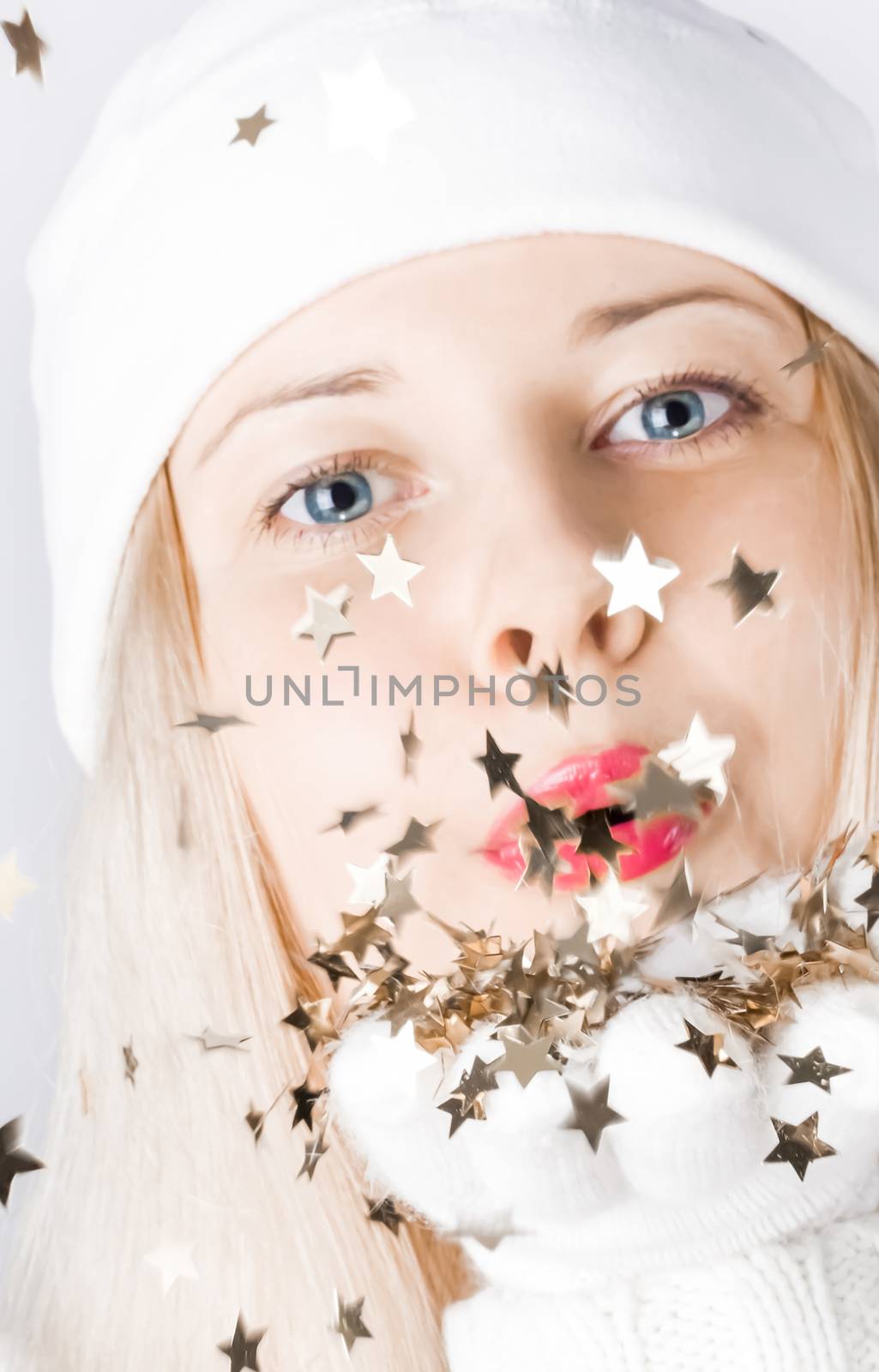 Young blonde girl in Christmas time, woman with positive emotion in winter season for shopping sale and holiday brands
