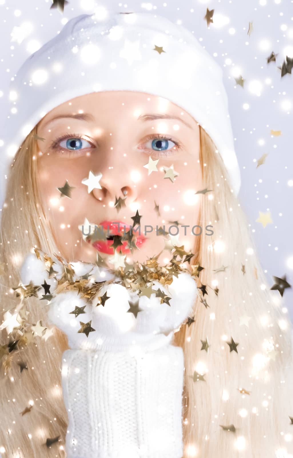 Shiny Christmas and glitter snow background, blonde woman with positive emotion in winter season for shopping sale and holiday brands