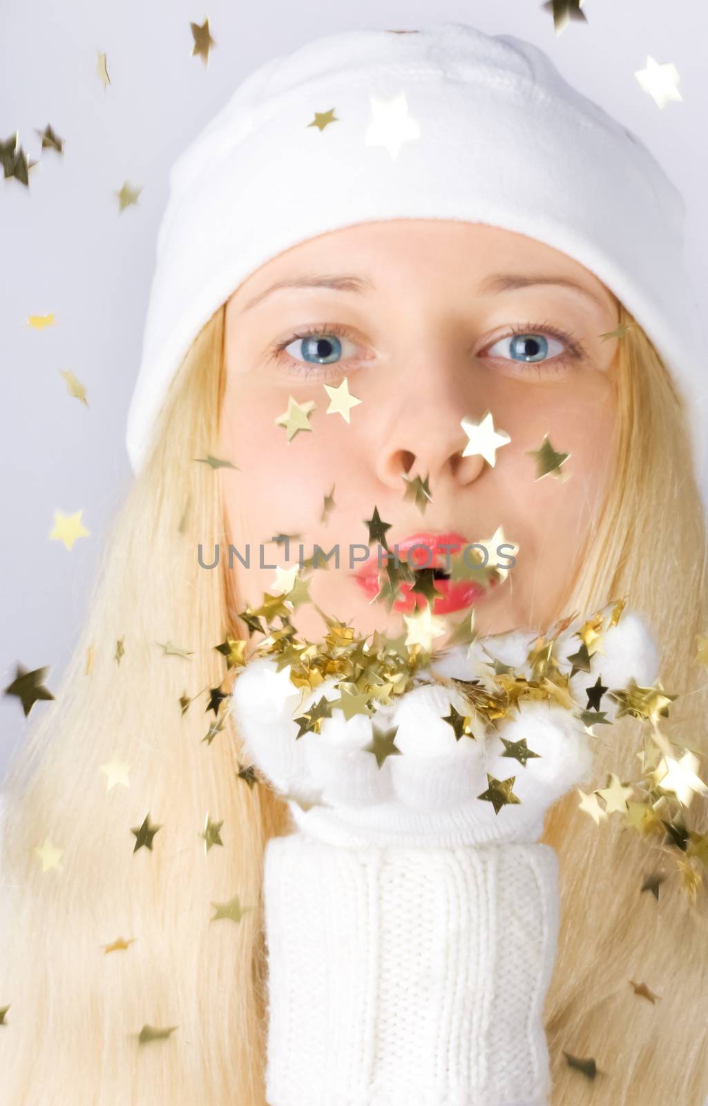 Blonde girl in Christmas time, woman with positive emotion in winter season for shopping sale and holiday brands