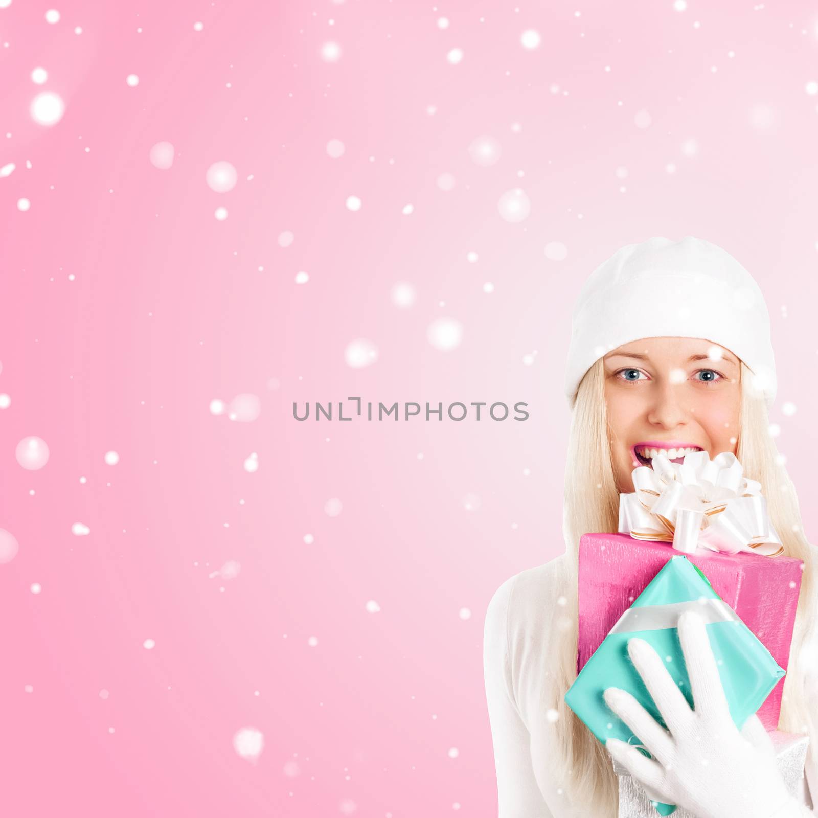 Happy woman holding Christmas gifts, pink background and snow gl by Anneleven