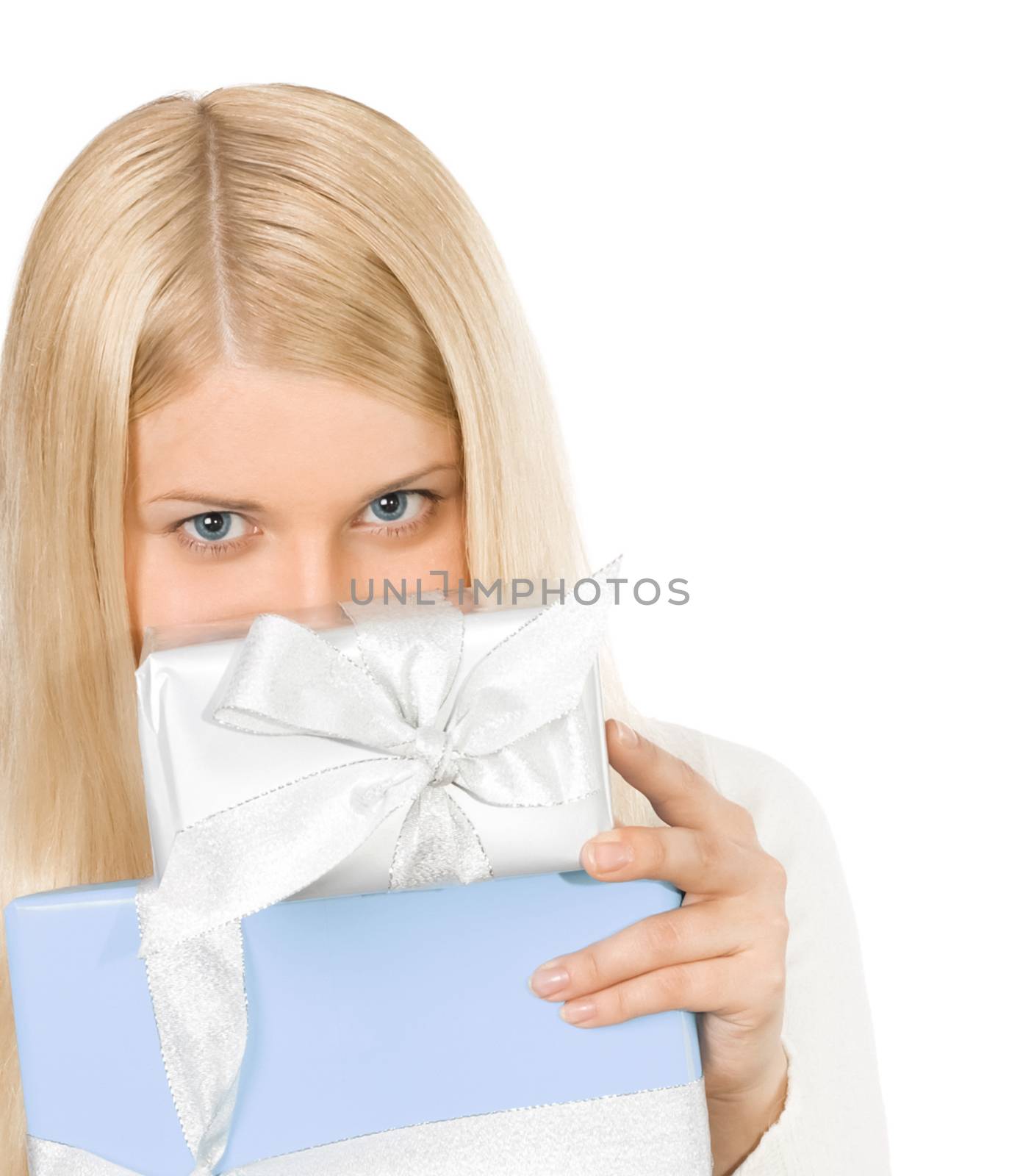 Happy woman holding Christmas gifts, white background with copyspace, shopping and holidays