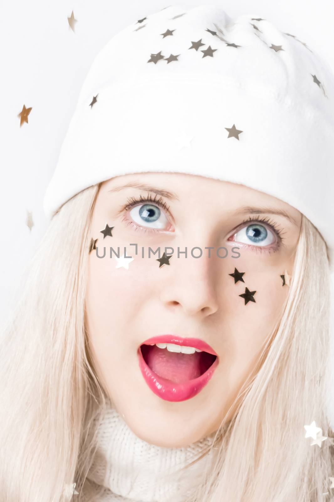 Happy blonde girl in Christmas time, woman with positive emotion in winter season for shopping sale and holiday brands