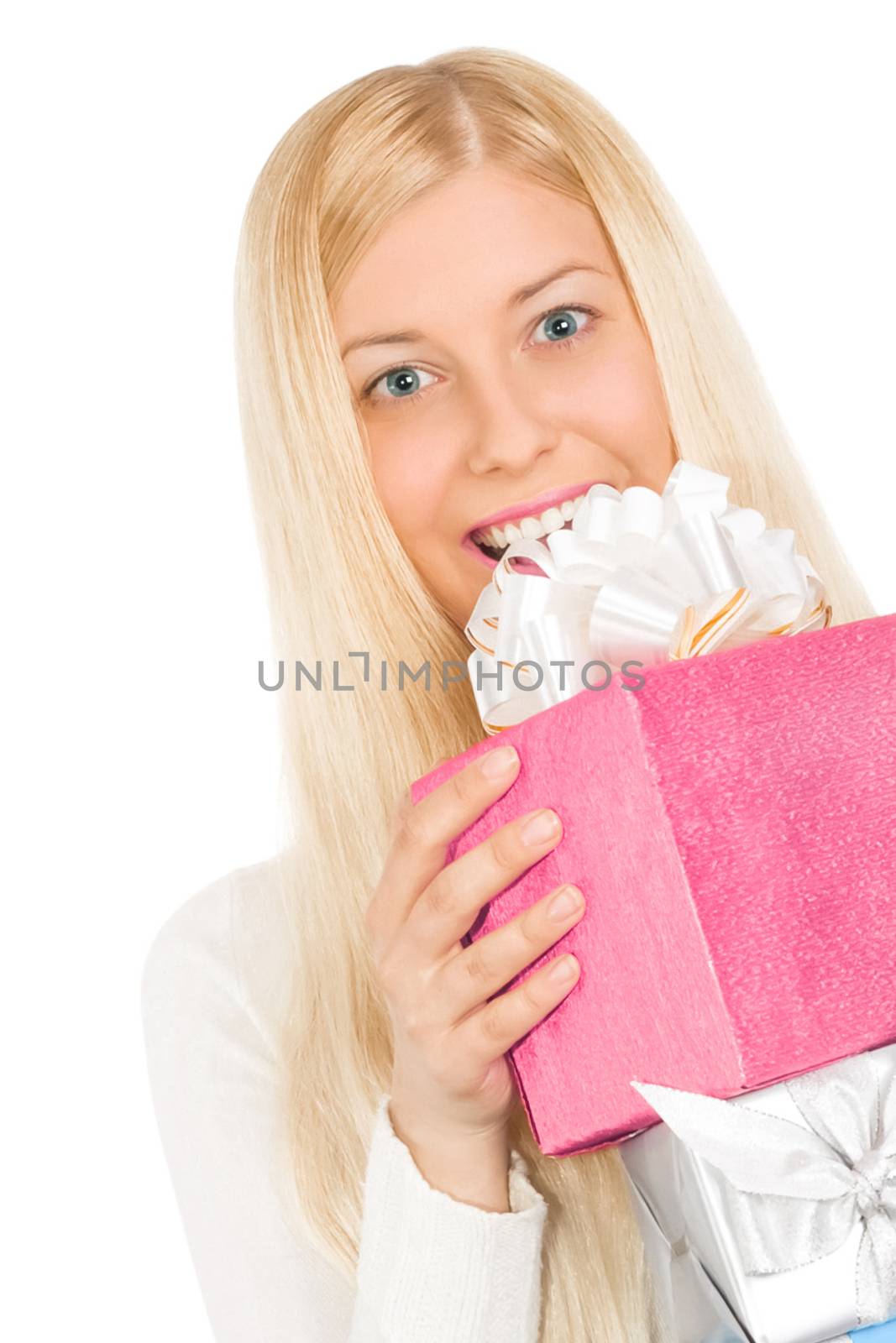 Happy woman holding Christmas gifts, white background with copys by Anneleven