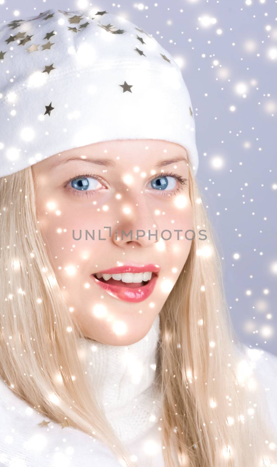 Christmas and glitter snow background, blonde woman with positiv by Anneleven