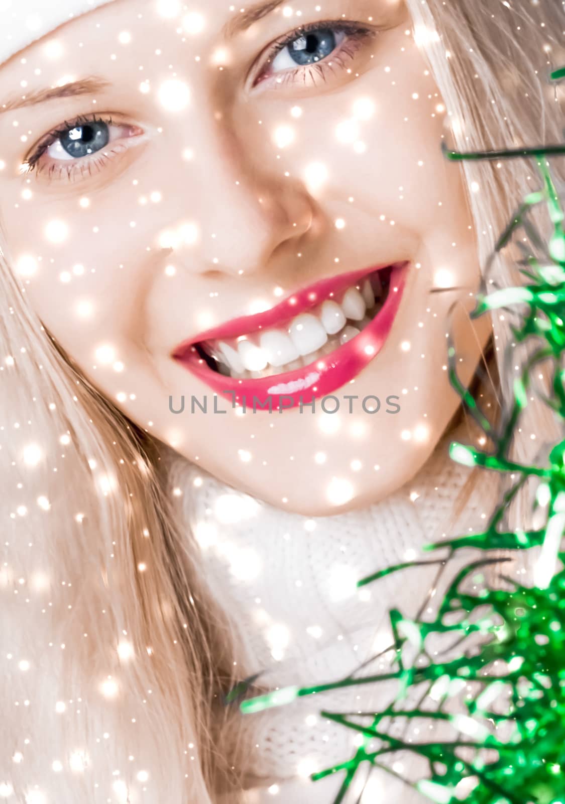 Merry Christmas and glitter snow background, blonde woman with positive emotion in winter season for shopping sale and holiday brands