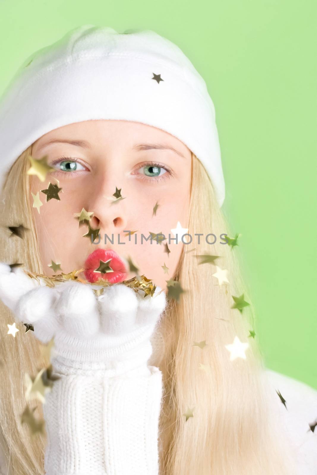 Young blonde girl in Christmas time, woman with positive emotion by Anneleven