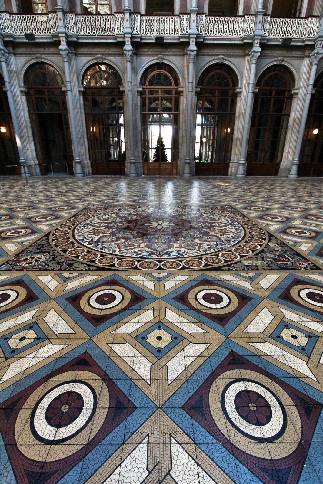 Porto, Portugal- January 6, 2020: Beautiful central courtyard mosaic floor in the Stock Exchange Palace in Porto