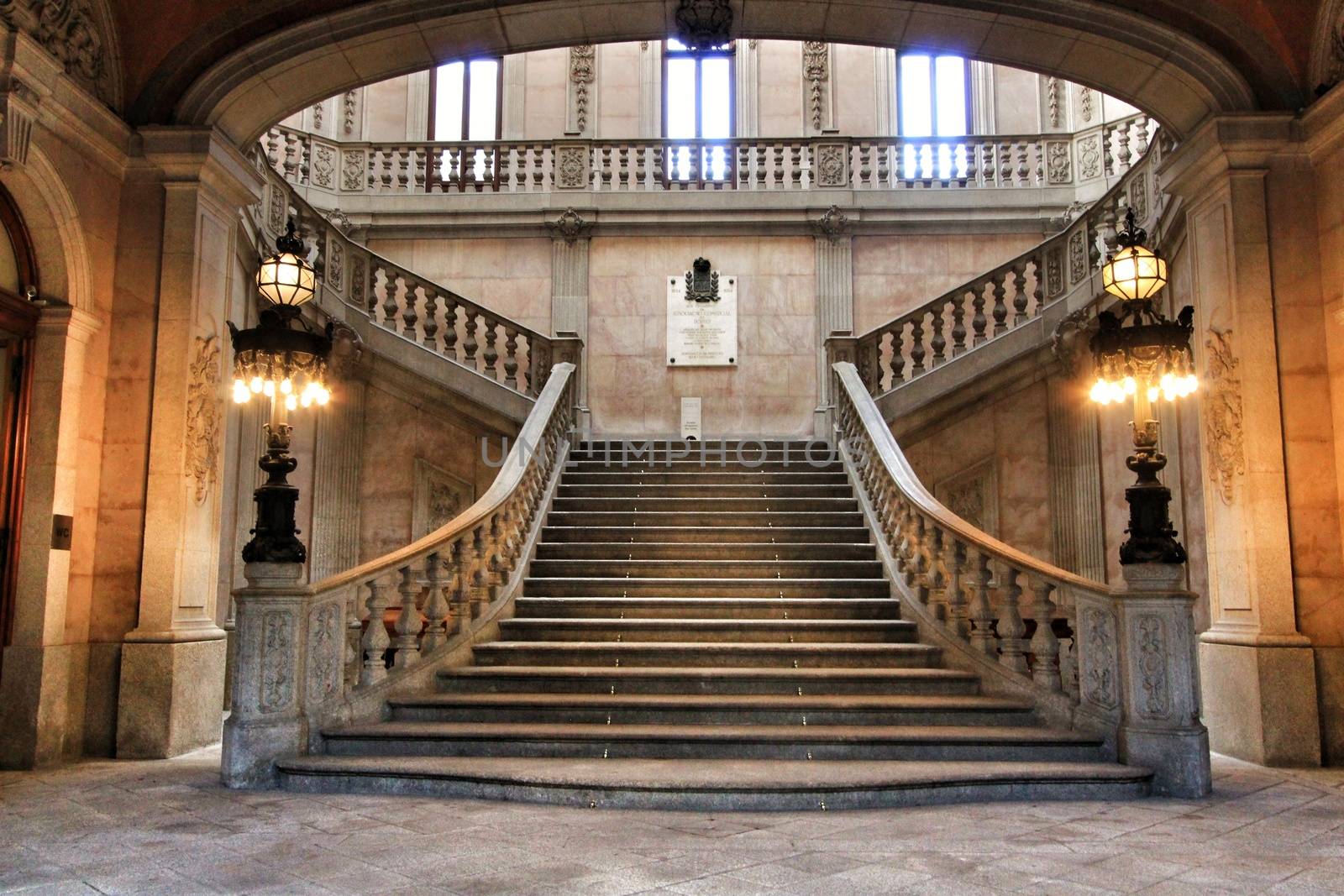 Porto, Portugal- January 6, 2020: Beautiful and sumptuous stairway built in 1868 by Goncalves e Sousa of the Stock Exchange Palace in Porto
