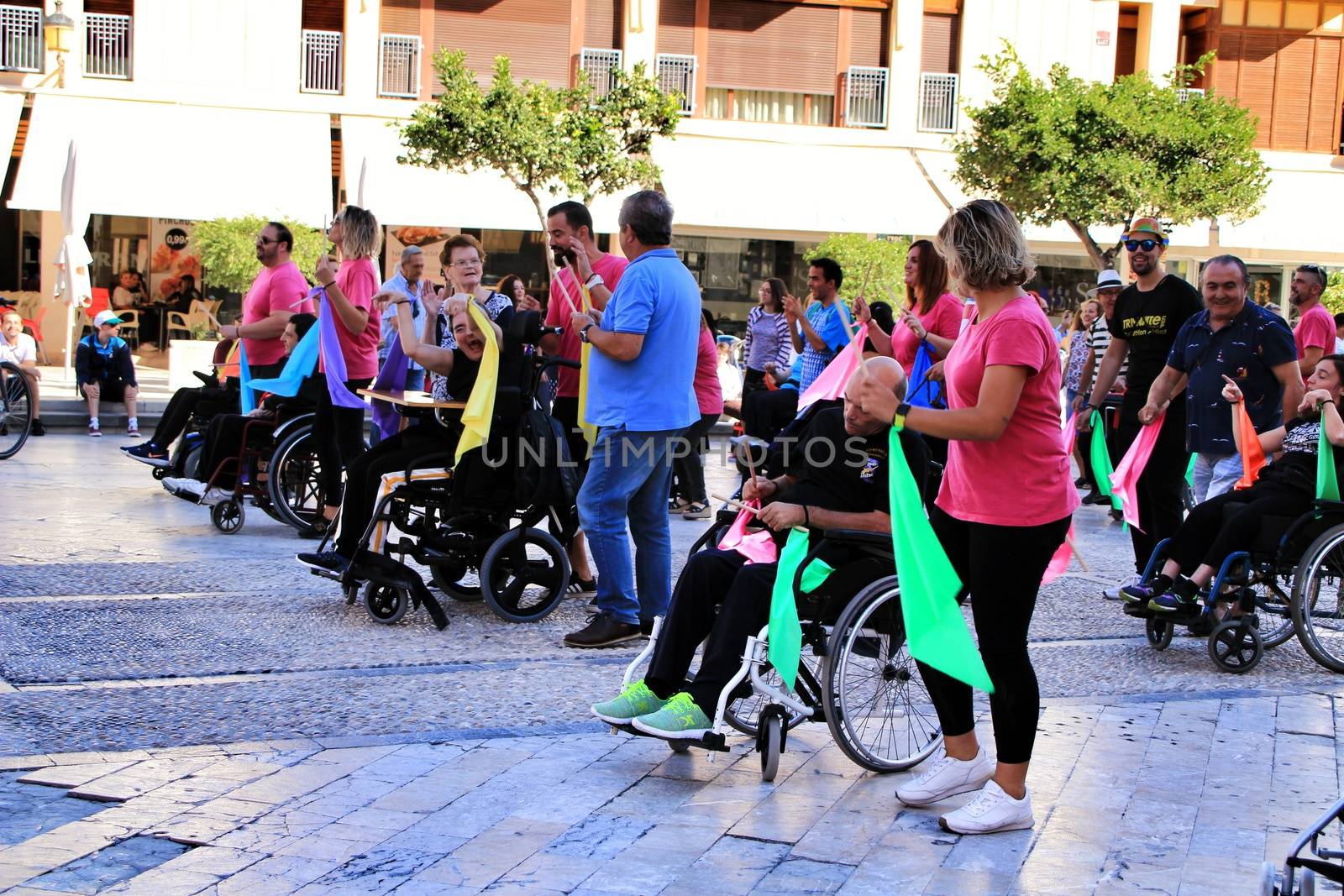 Elche, Alicante, Spain- October 3, 2018: People participating and having fun with activities in Elche city celebrating the world day of cerebral palsy
