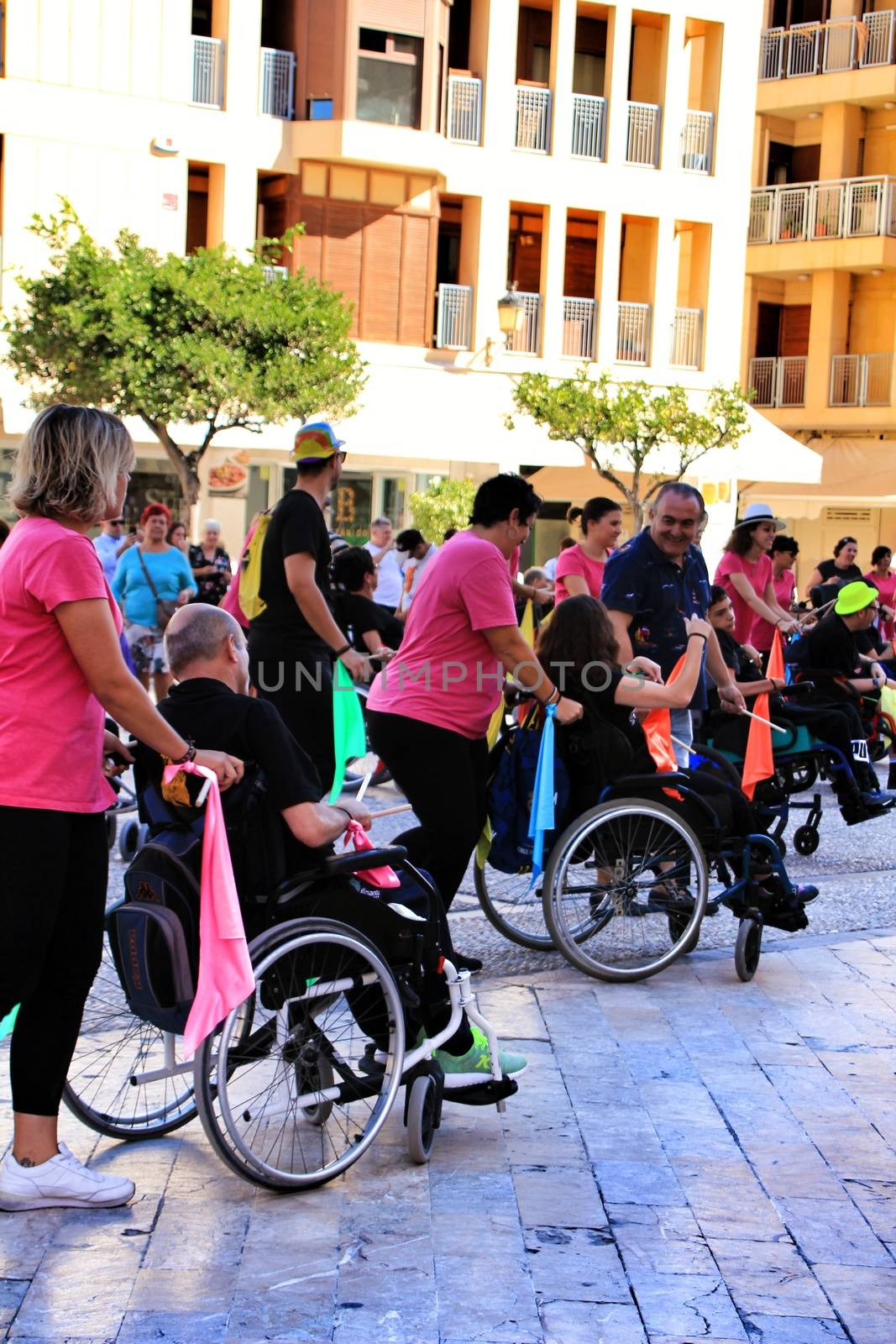 Elche, Alicante, Spain- October 3, 2018: People participating and having fun with activities in Elche city celebrating the world day of cerebral palsy