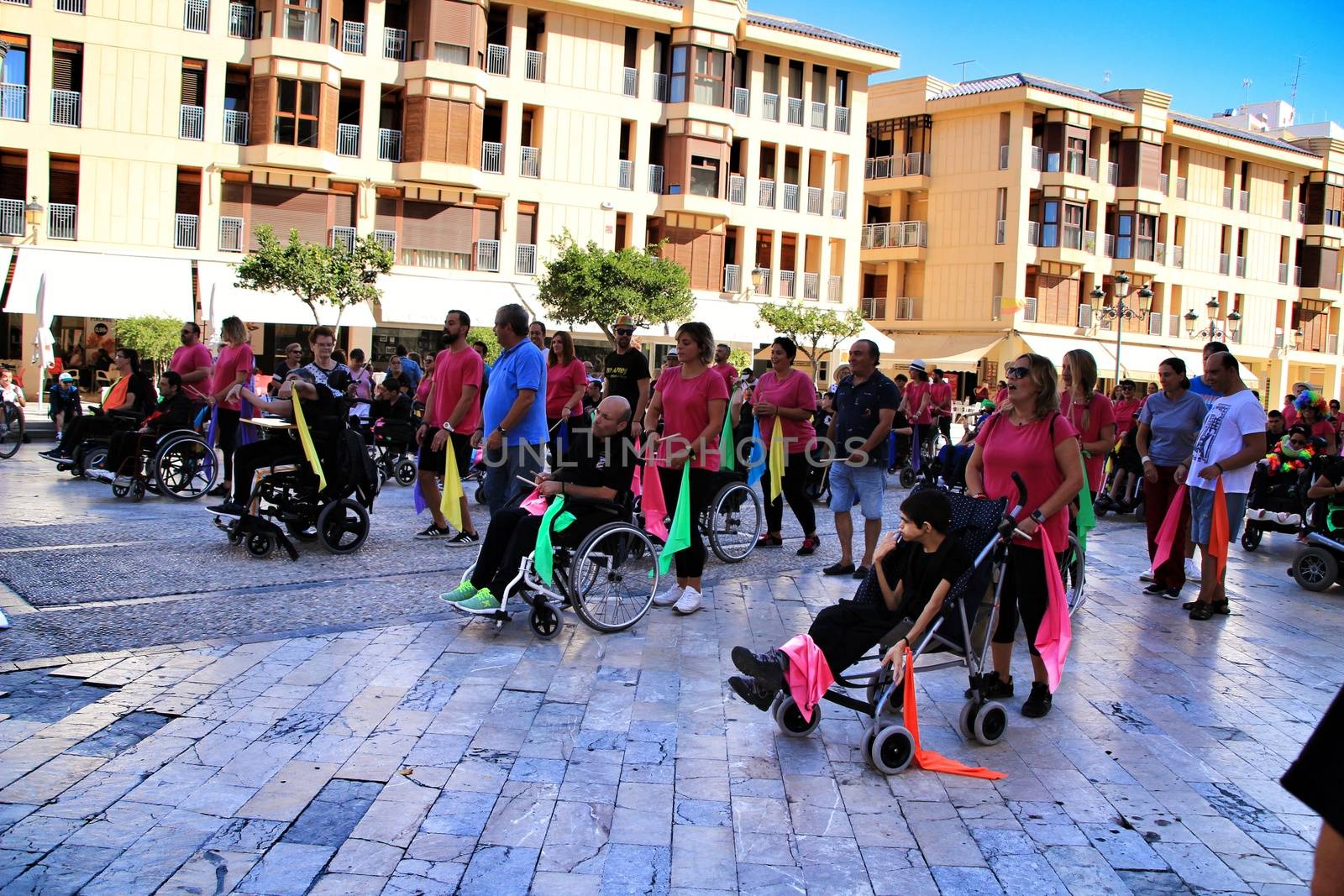 Elche, Alicante, Spain- October 3, 2018: People participating and having fun with activities in Elche city celebrating the world day of cerebral palsy