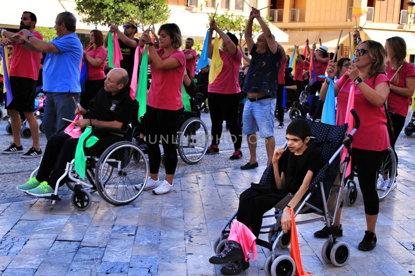 Elche, Alicante, Spain- October 3, 2018: People participating and having fun with activities in Elche city celebrating the world day of cerebral palsy