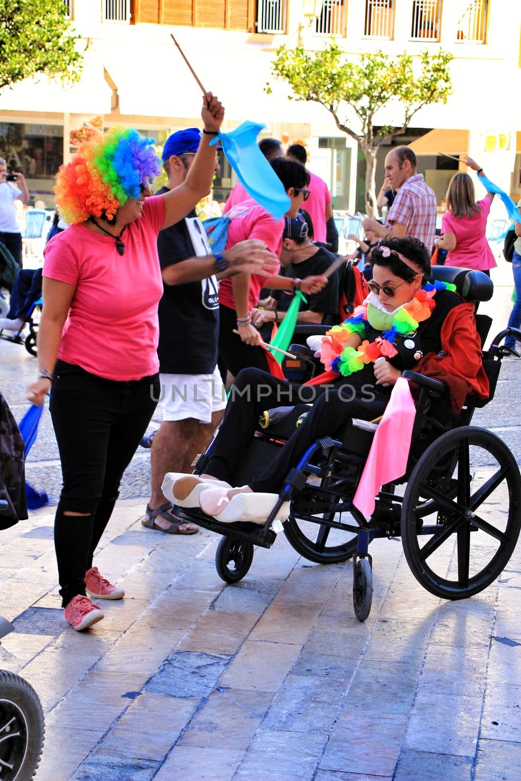 Elche, Alicante, Spain- October 3, 2018: People participating and having fun with activities in Elche city celebrating the world day of cerebral palsy