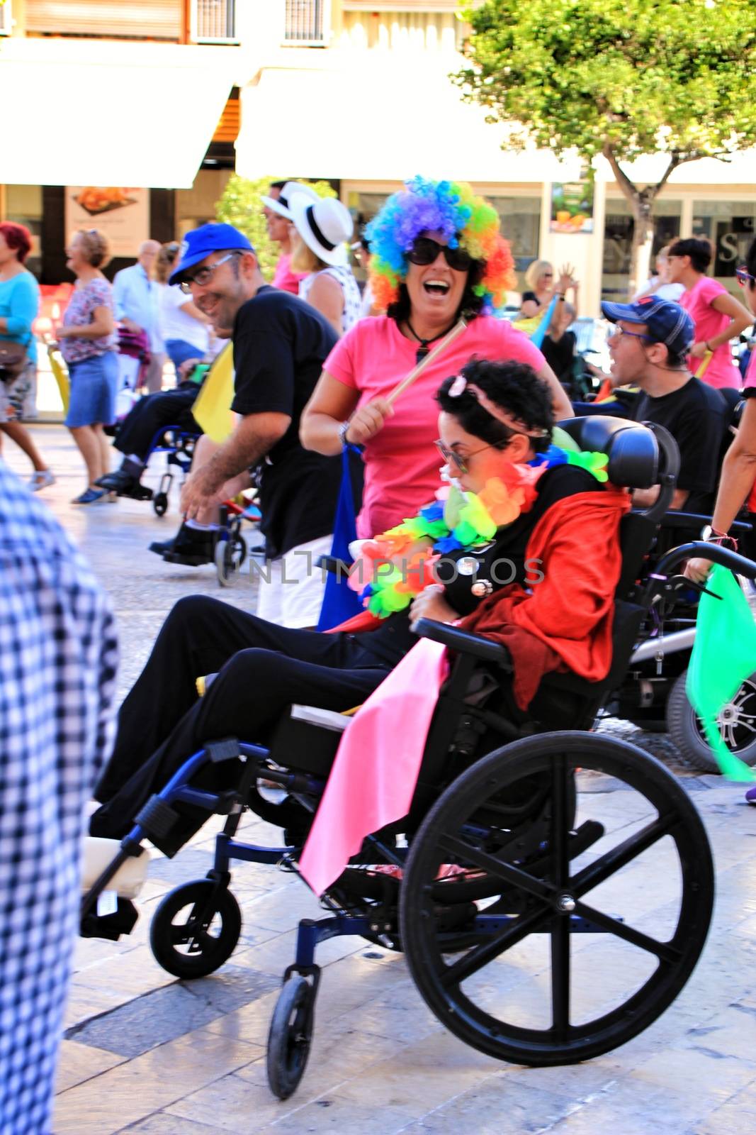 Elche, Alicante, Spain- October 3, 2018: People participating and having fun with activities in Elche city celebrating the world day of cerebral palsy