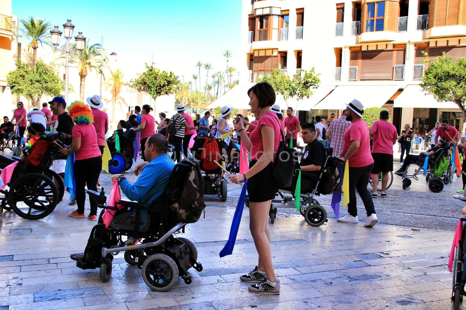 Elche, Alicante, Spain- October 3, 2018: People participating and having fun with activities in Elche city celebrating the world day of cerebral palsy