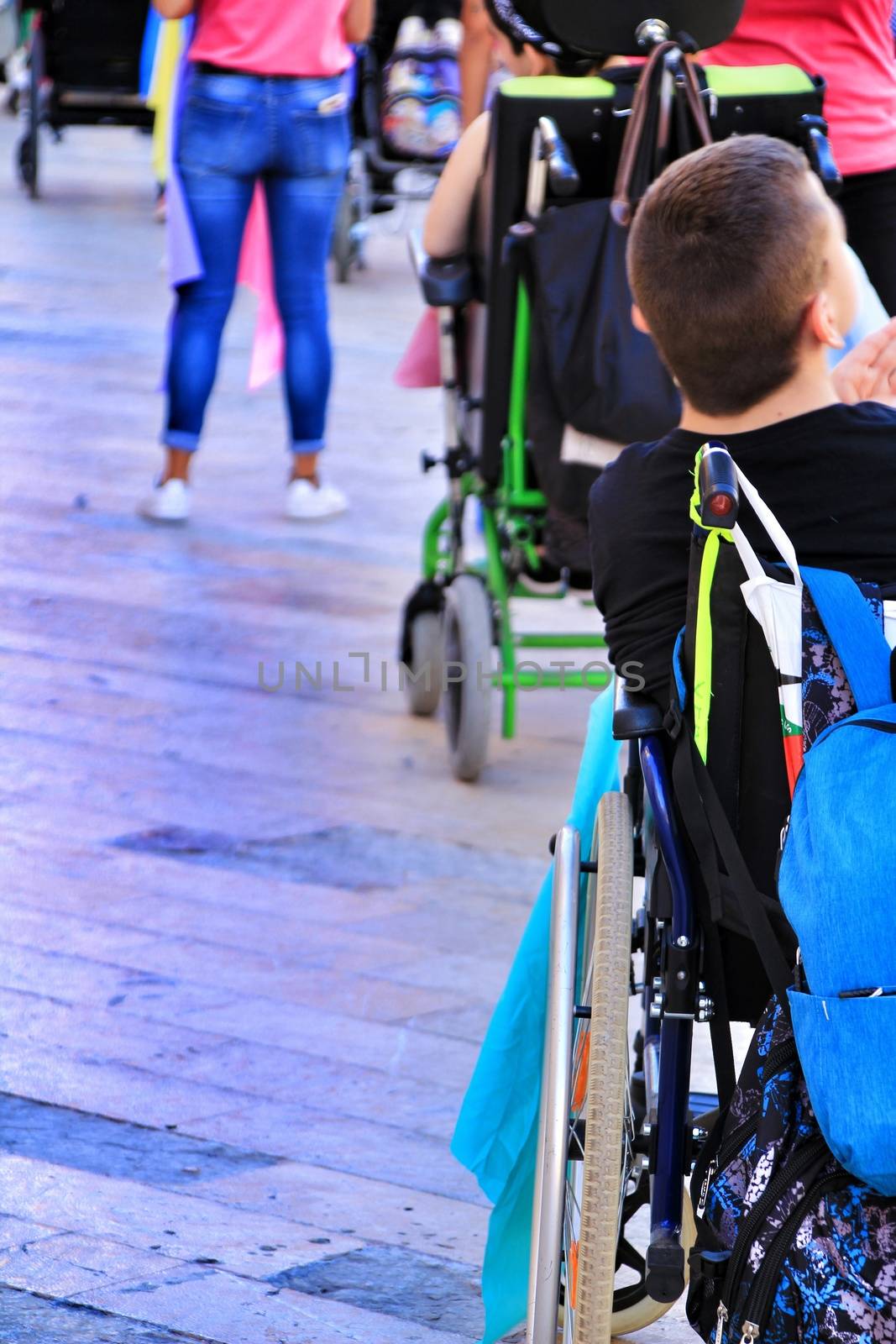 Elche, Alicante, Spain- October 3, 2018: People participating and having fun with activities in Elche city celebrating the world day of cerebral palsy